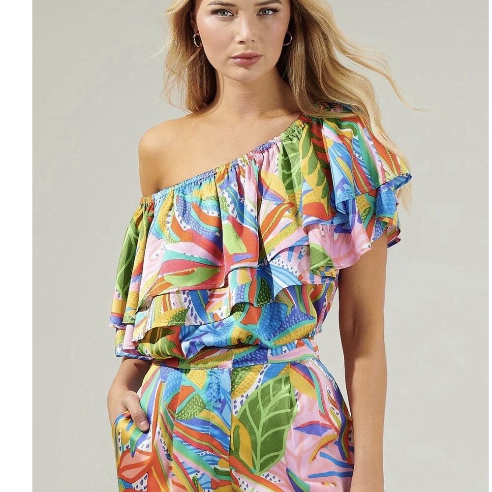 Sugarlips New Guinea Tropical One Shoulder Ruffle Crop Top Large Summer Travel